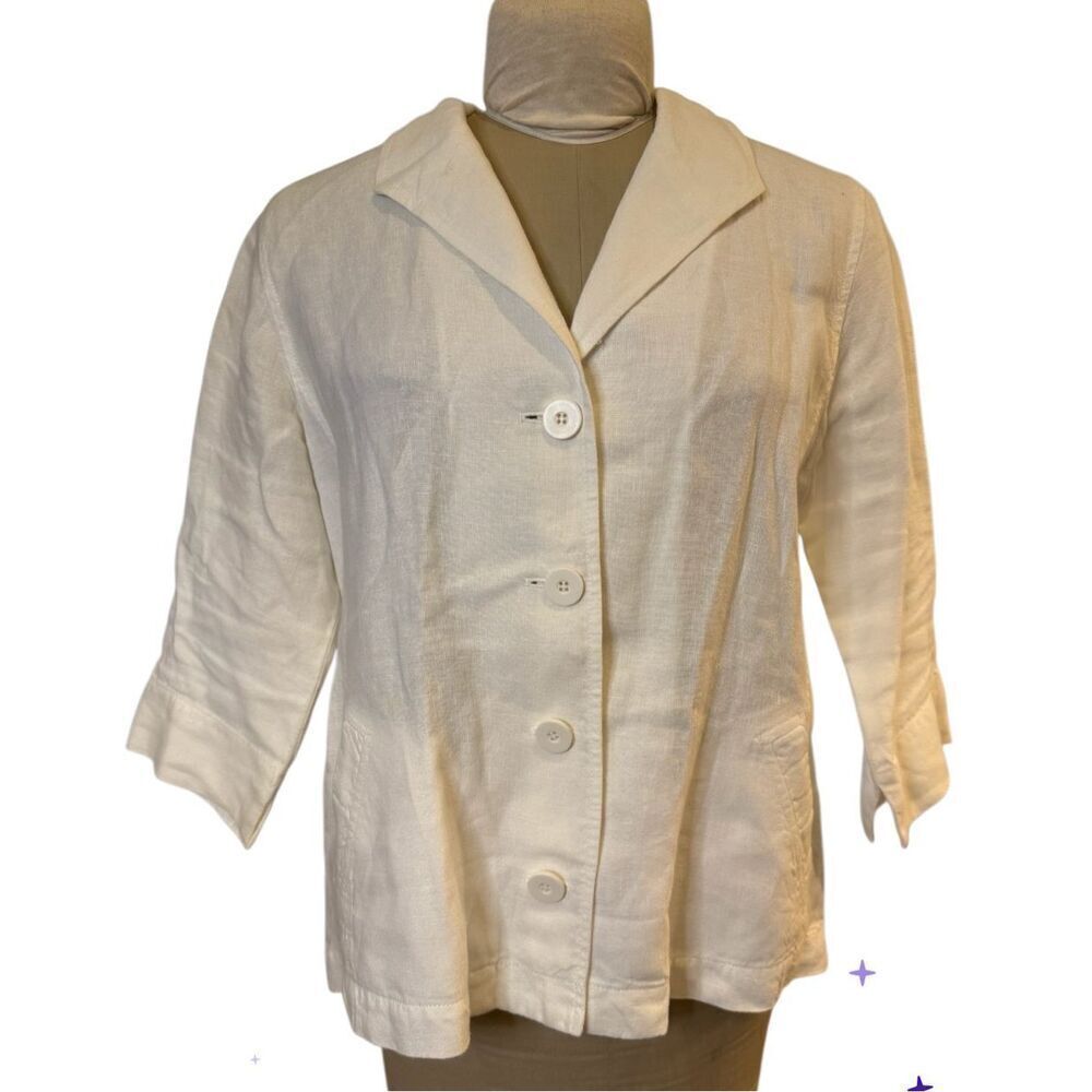 Eileen Fisher Linen 4-Button Jacket/Top 3/4 Sleeves White Sz. L Lightweight - Picture 3 of 12